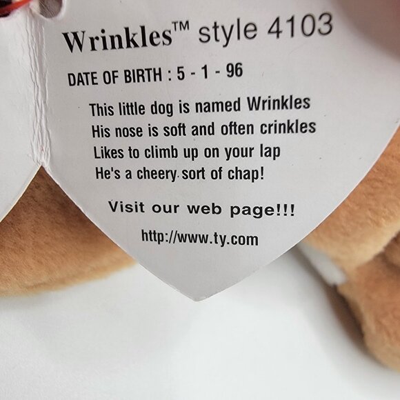 RARE TY RETIRED BEANIE BABY WRINKLES 1996 Heart Tag Tush Tag Shar Pei‎ Bulldog - Picture 3 of 5